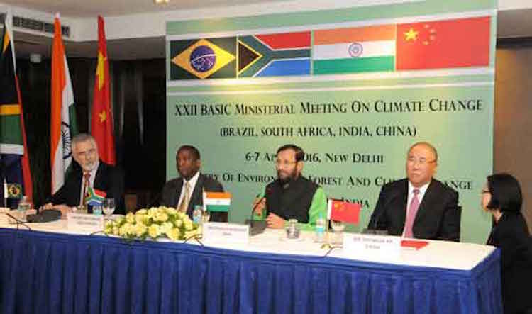 Photo: (from left to right) Ambassador Antonio Marcondes, Under Secretary-General for the Environment, Energy, Science and Technology, Ministry of Foreign Affairs of Brazil; Maesela Kekana, Chief Director, International Climate Change Relations and Negotiations of South Africa; Prakash Javadekar, Minister of State (Independent Charge) for Environment, Forest and Climate Change of India; and Xie Zhenhua, Special Representative for Climate Change of China. Credit: INVC