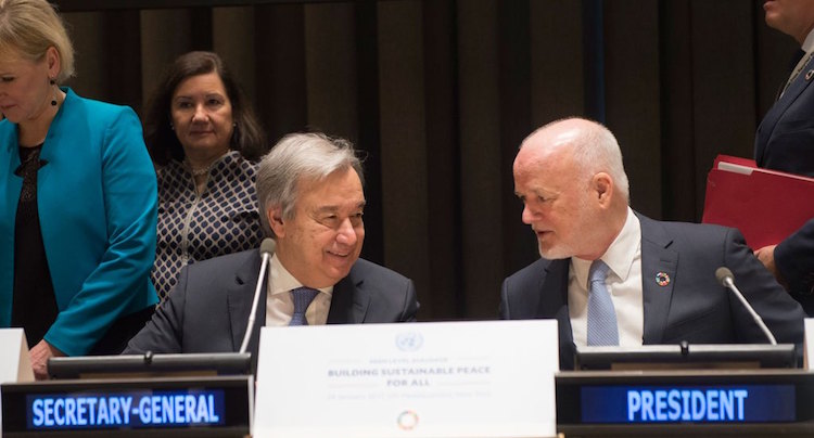 UN Secretary-General Guterres (left) and General Assembly President Thomson at the high-level dialogue on January 24. Credit: UN