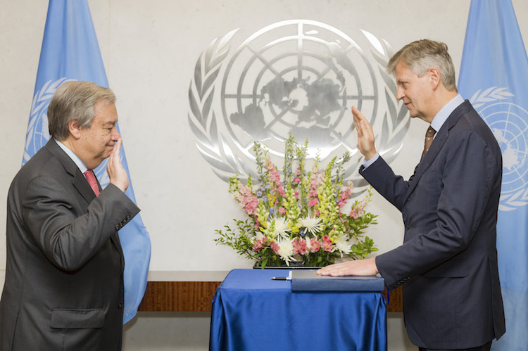 UN Secretary-General António Guterres (left) swears in Jean-Pierre Lacroix, Under-Secretary-General for Peacekeeping Operations. 12 April 2017. United Nations, New York. Credit: UN Photo/Rick Bajornas.