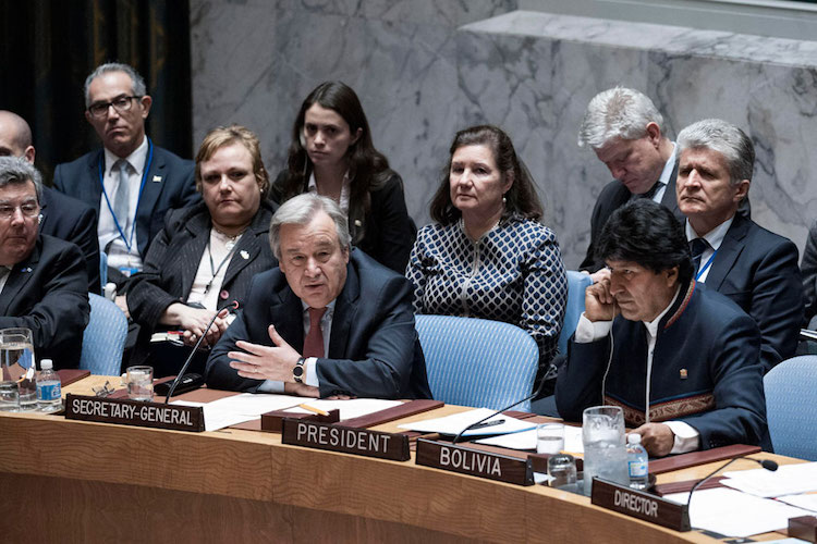 Secretary-General António Guterres addresses Security Council meeting on Maintenance of International Peace and Security: Preventive Diplomacy and Transboundary waters. To his right is President Evo Morales Ayma of Bolivia. UN Photo/Kim Haughton