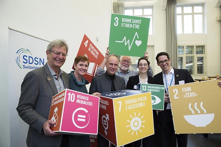 Photo: (L to R): Urs Wiesmann, Co-Chair of SDSN Switzerland; Katrin Muff, Conference Facilitator; Bertrand Piccard, Solar Impulse Foundation; Jacques Dubochet, University of Lausanne; Océane Dayer, Co-Chair of SDSN Switzerland; Michael Bergöö, Acting Managing Director of SDSN Switzerland. Credit: Peter Lüthi, Biovision.