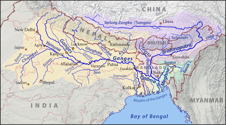 Image: Map of the Ganges (orange), Brahmaputra (violet), and Meghna (green) drainage basins. Credit: CC BY-SA 3.0