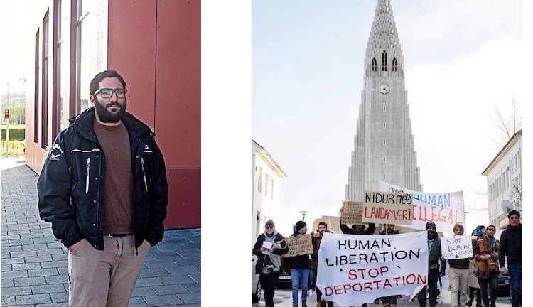 Collage: (left) Asylum seeker Ali Farhat in front of the Salvation Army building in Reykjavik. Credit: Lowana Veal. (right) Activist protest in Reykjavik against deportation of asylum seekers. Credit: ‘Refugees in Iceland’ Facebook site.